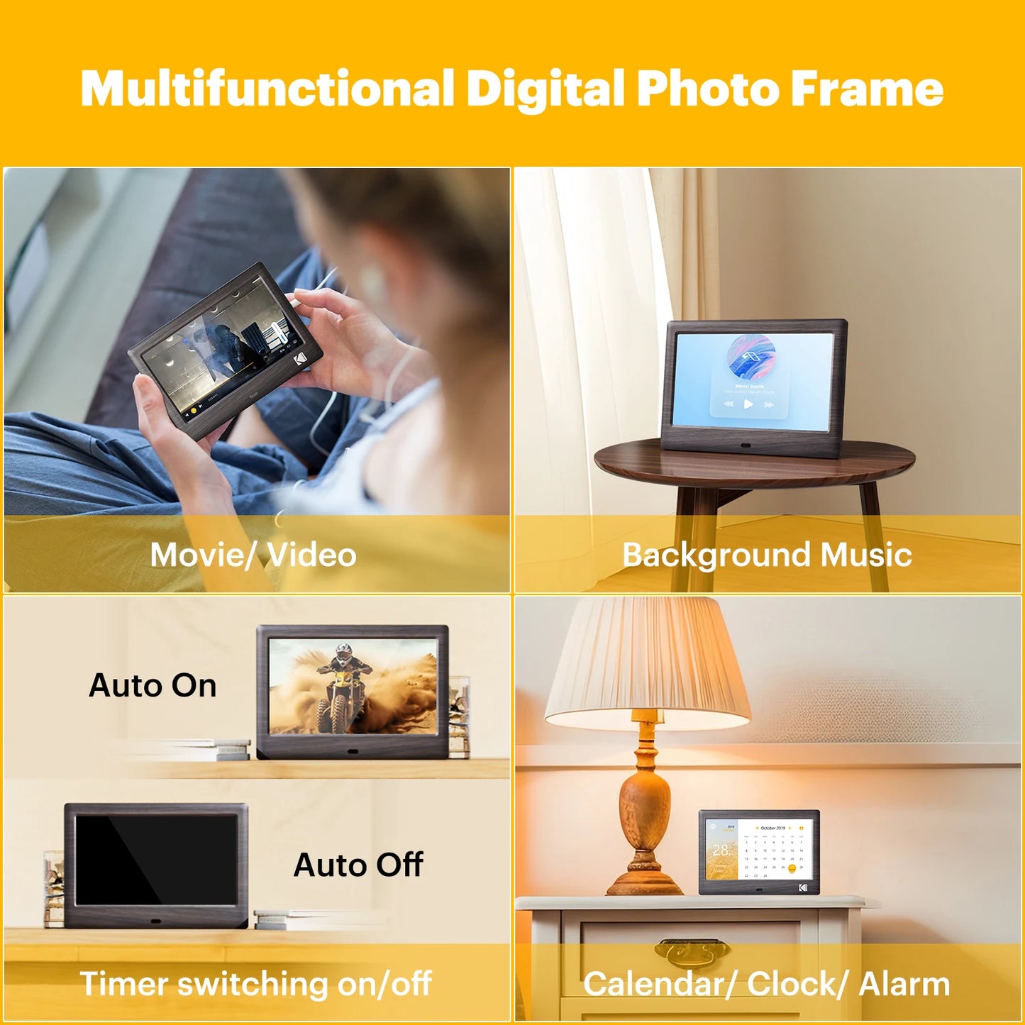 KODAK 7 Inch Digital Photo Frame with Remote Control, 1024*600 HD Screen, Electronic Album Video Music Clock Calendar Player