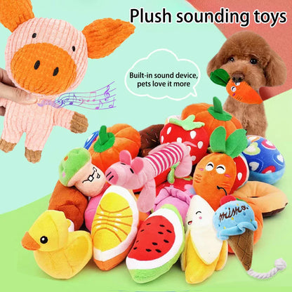 7-piece set of puppy sound toys, loose plush pet chewing, plush fruit snacks and vegetable puppy toys, suitable for cute play