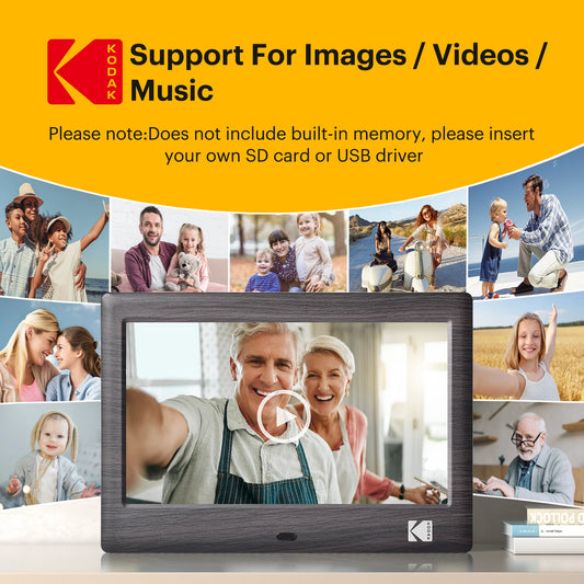 KODAK 7 Inch Digital Photo Frame with Remote Control, 1024*600 HD Screen, Electronic Album Video Music Clock Calendar Player