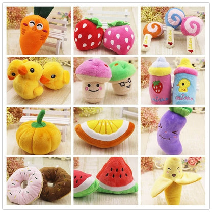 7-piece set of puppy sound toys, loose plush pet chewing, plush fruit snacks and vegetable puppy toys, suitable for cute play